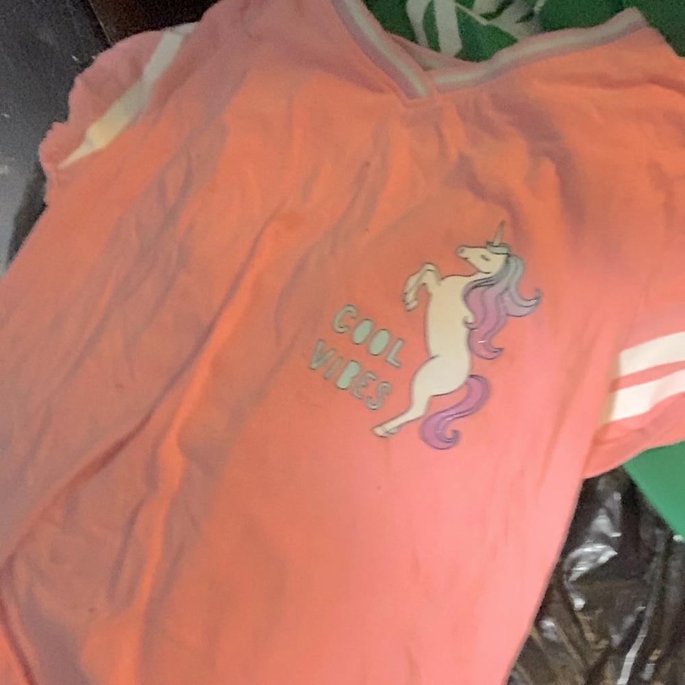 Kids unicorn t shirt, size 12, pink sports tee.